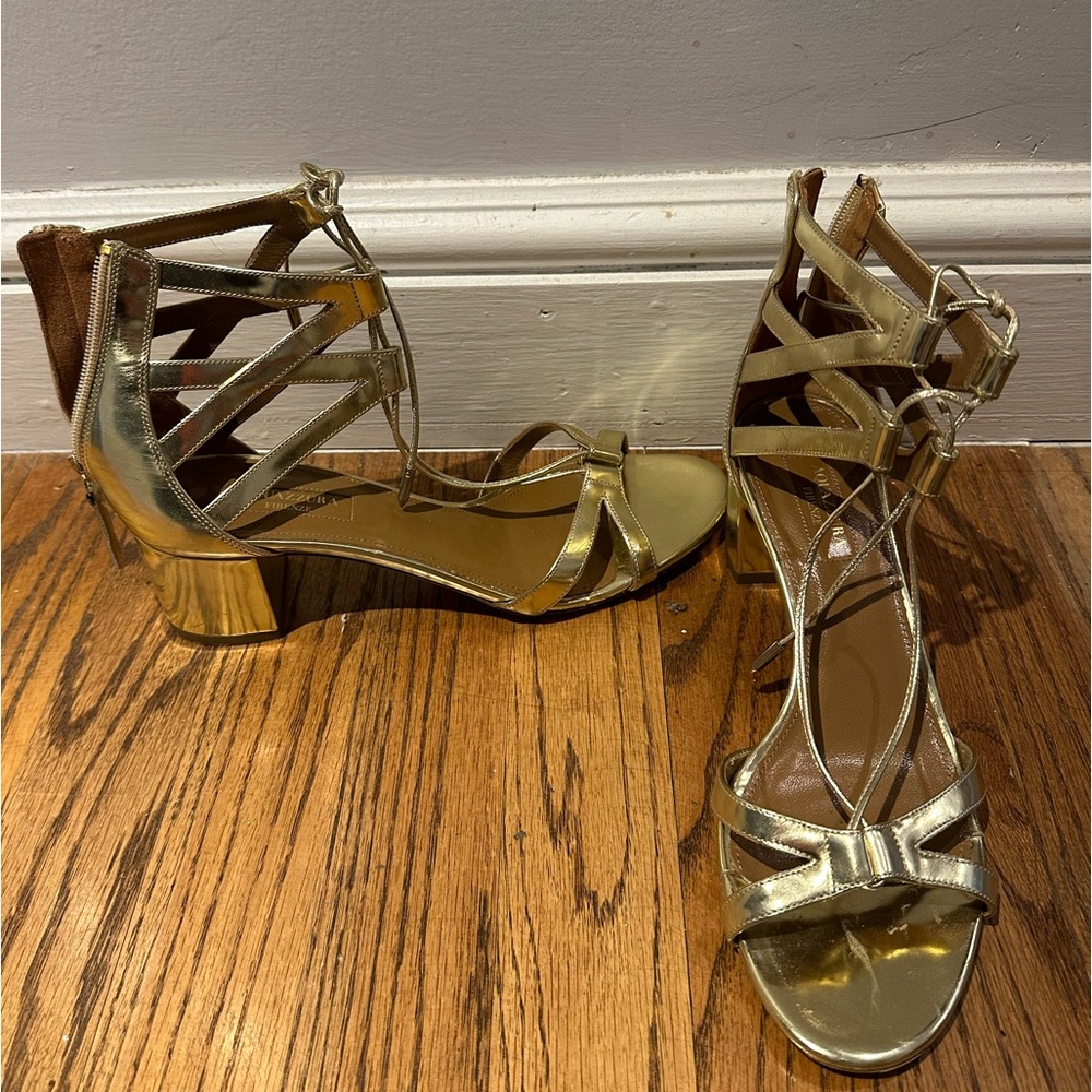 Aquazurra Gold Back Zip Block Heel Sandals size 38